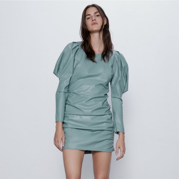 ZARA mint green leather puff sleeve dress - Picture 1 of 12